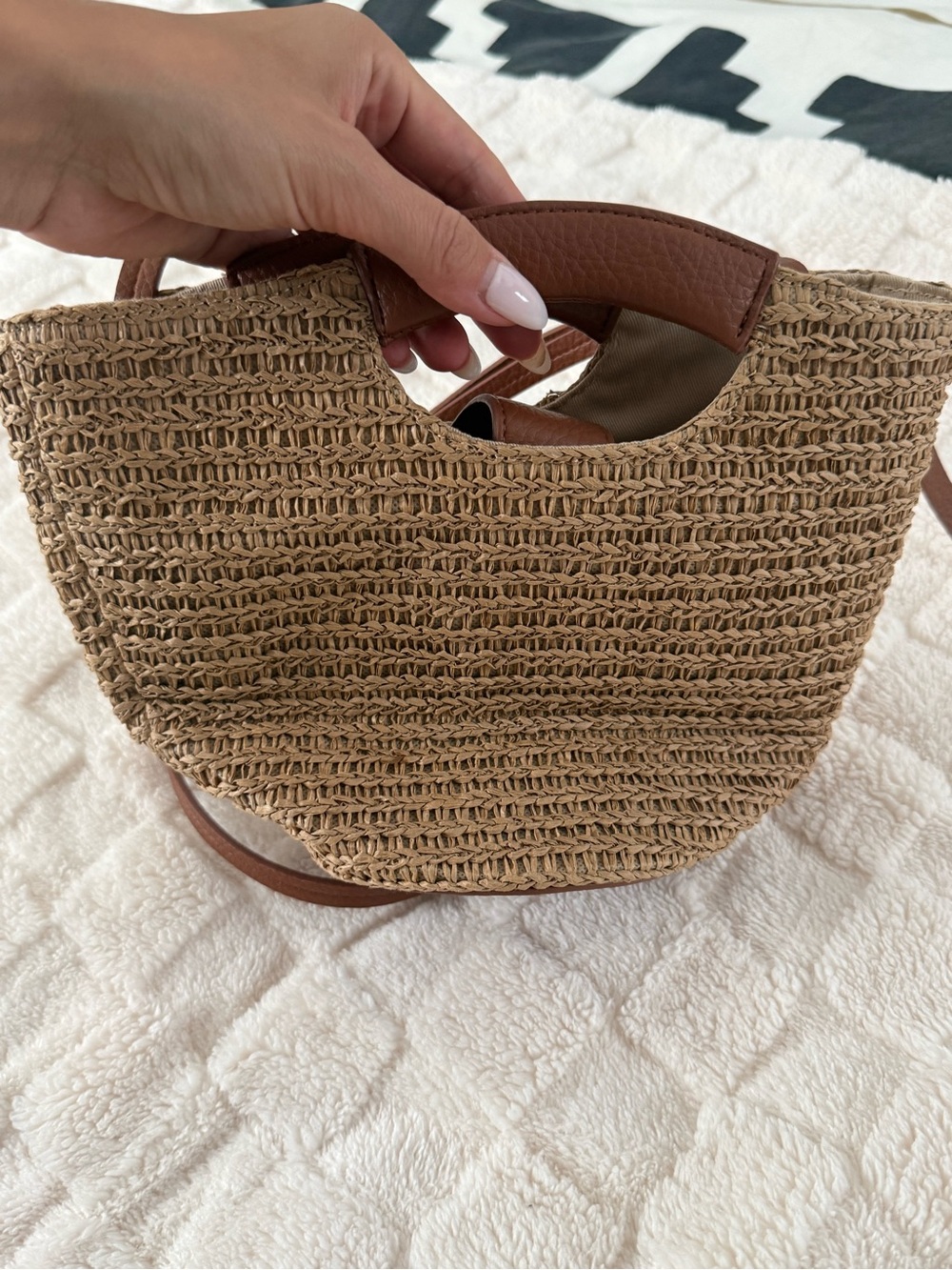 Woven Straw Tote Bag with Brown Leather Trim